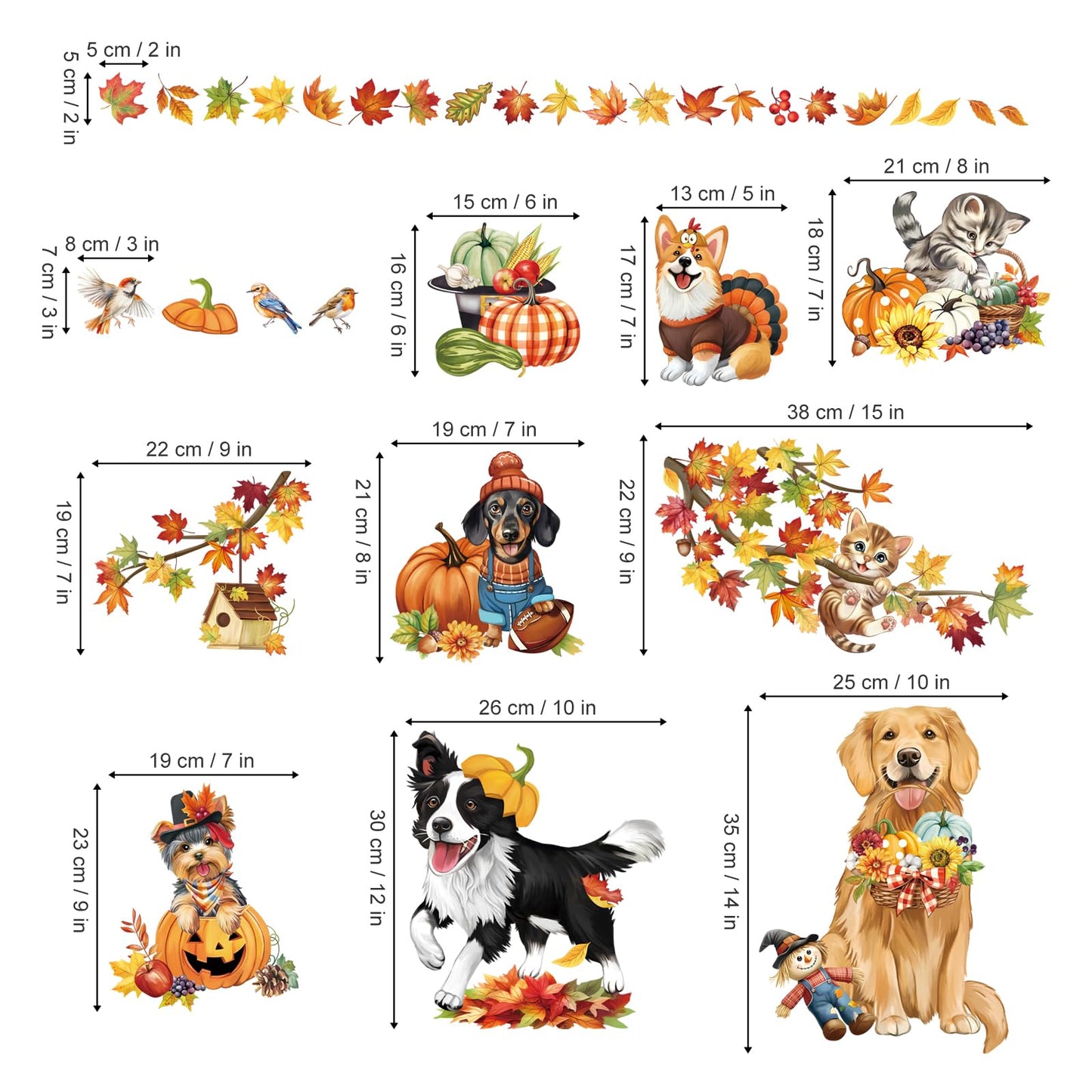 decalmile Fall Pumpkin Maple Leaves Double Sided Window Clings Autumn Harvest Dog Cat Scarecrow Birds on Tree Branch Anti-Collision Glass Doors Window Stickers Decals