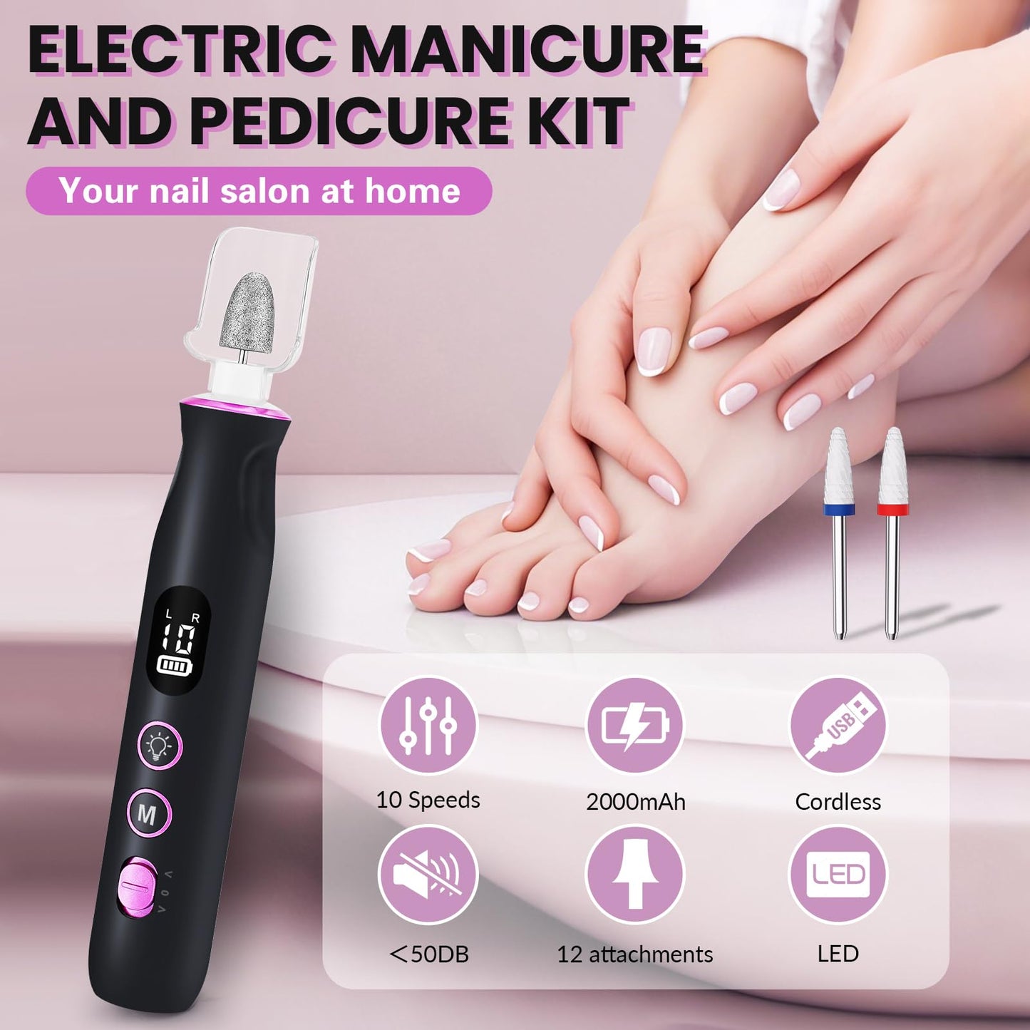 Electric Nail Drill, Cordless 2000 mAh Rechargeable Portable Nail File 12 in 1 Kit for Thick Toenails, 10 Speeds Nail Dril Machine Professional Manicure Pedicure for Hand Natural Nails Care (White)