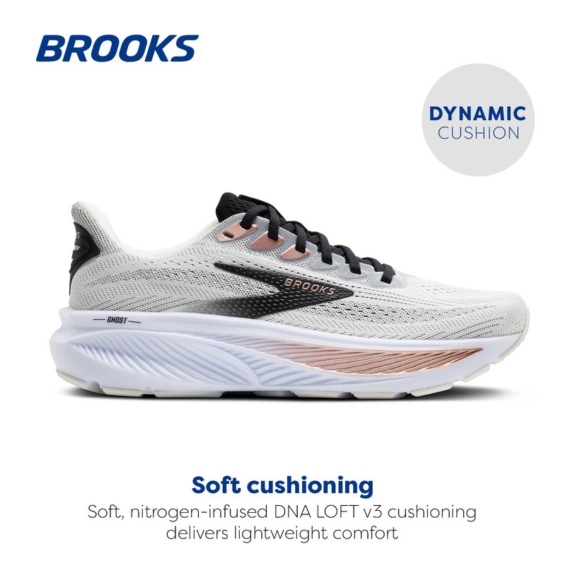 Brooks Women’s Ghost 17 Neutral Running Shoe - White/Black/Rose Gold - 8 Medium