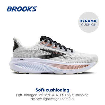 Brooks Women’s Ghost 17 Neutral Running Shoe - White/Black/Rose Gold - 8 Medium