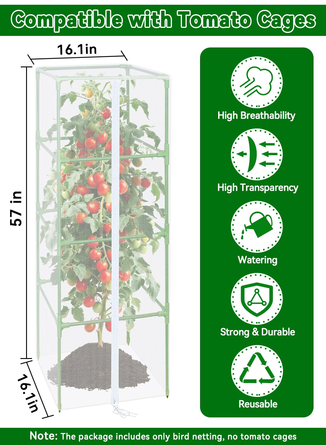 ZeeDix Tomato Cages with Bird Netting Set - 4 Pack 60 Inches Heavy Duty Tomato Cages + 4 Pack 57 Inches Garden Mesh Barrier for Tomatoes Climbing Vegetables Flowers