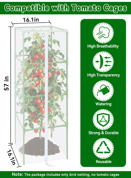 ZeeDix Tomato Cages with Bird Netting Set - 4 Pack 60 Inches Heavy Duty Tomato Cages + 4 Pack 57 Inches Garden Mesh Barrier for Tomatoes Climbing Vegetables Flowers