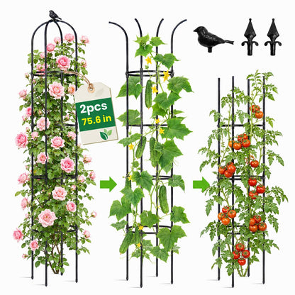 Garden Obelisk Trellis for Climbing Plants Outdoor, 6.3 ft Tall Trellis for Roses Clematis Jasmine Ivy Flower Light Climbing Vines Potted Plant Support, Patio, Yard, Black, 2PCS
