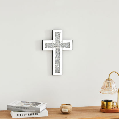 Aeveco Cross Wall Decor, Silver Mirrored Cross for Living Room, Crystal Crush Diamond Mirror Crosses, Religious Wall Art, Home Decor