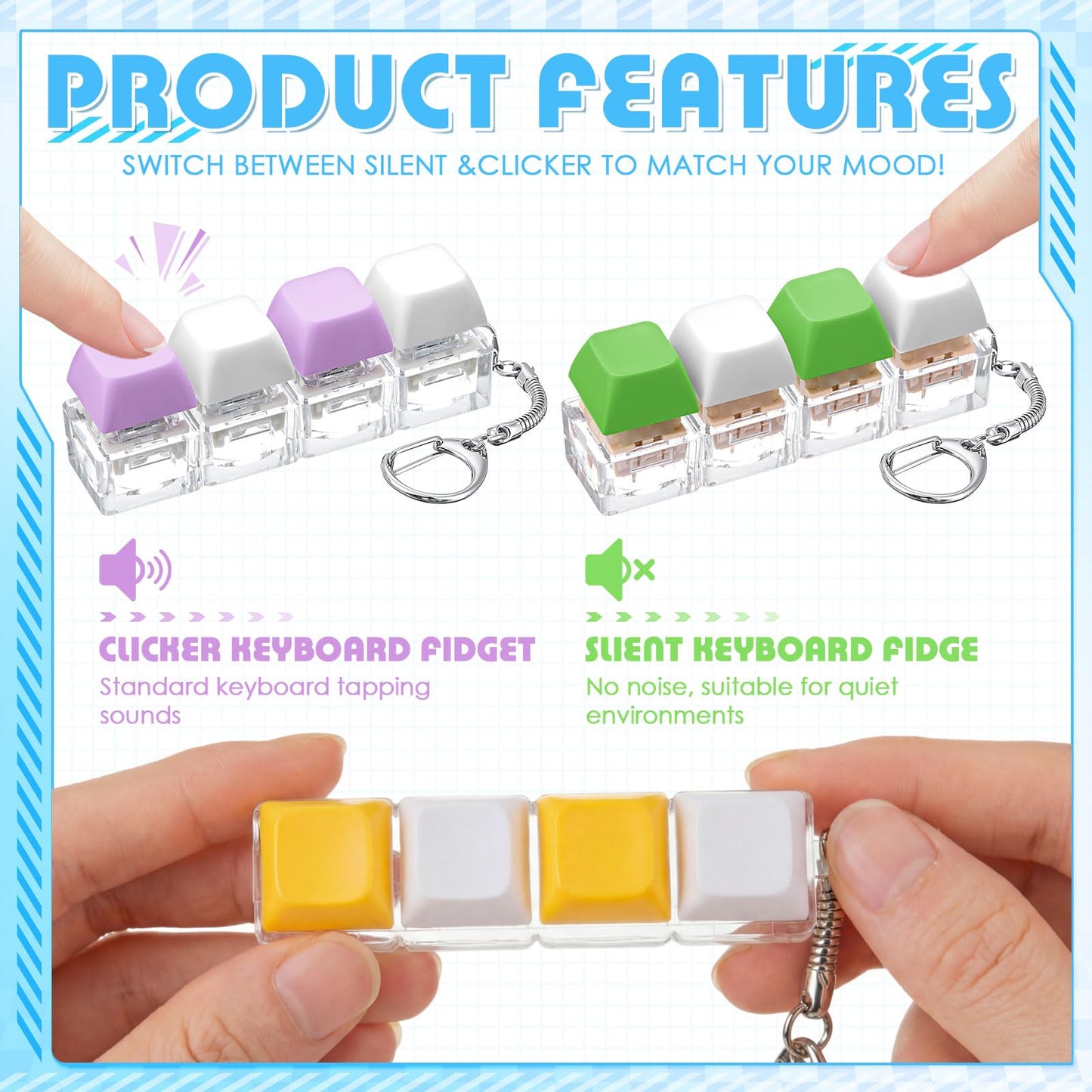 Halloscume 6 Pcs Silent and Click Keyboard Adult Fidget Clicker Toy 4-in-1 Keyboard Fidget Keychain Mechanical Key Button Clicker Stress Relief Gift for Office School Home (Solid Color Transparent)