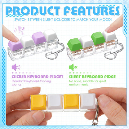 Halloscume 6 Pcs Silent and Click Keyboard Adult Fidget Clicker Toy 4-in-1 Keyboard Fidget Keychain Mechanical Key Button Clicker Stress Relief Gift for Office School Home (Solid Color Transparent)
