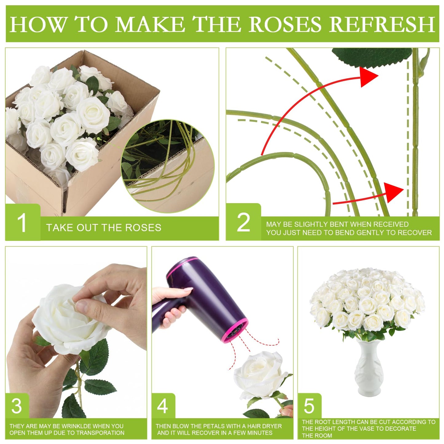 Hananona 50 Pcs Artificial Roses in Bulk, Fake Velvet Silk Roses Realistic Rose for Wedding Centerpieces Flower Arrangement Home Decor (50, White)