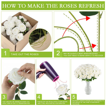 Hananona 50 Pcs Artificial Roses in Bulk, Fake Velvet Silk Roses Realistic Rose for Wedding Centerpieces Flower Arrangement Home Decor (50, White)