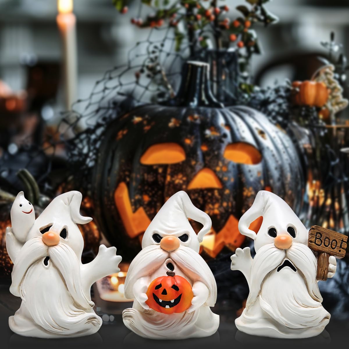 Hodao Halloween Ghost Gnome Figurines - Cute Spooky with Pumpkin & Boo Sign, 3PCS Indoor Outdoor Decor for Home, Party, Tiered Trays, Windowsills & Gifts