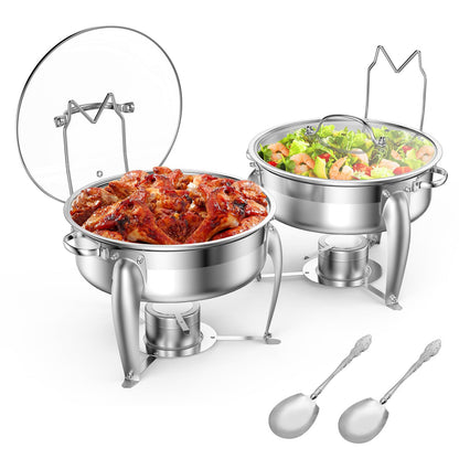 BriSunshine 6 QT Chafing Dish Buffet Set with Serving Spoons, 2 Packs Stainless Steel Round Chafing Dishes with Glass Lid & Lid Holder, Food Warmers for Parties Buffet Weddings Catering Events