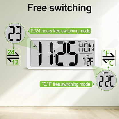 18.5" Extra Large Digital Wall Clock Battery Operated Wall Clock with Time/Calendar/Temperature Jumbo LCD Display Count Up Down Timer Alarm Clocks for Home Office Bedroom (Batteries Included)