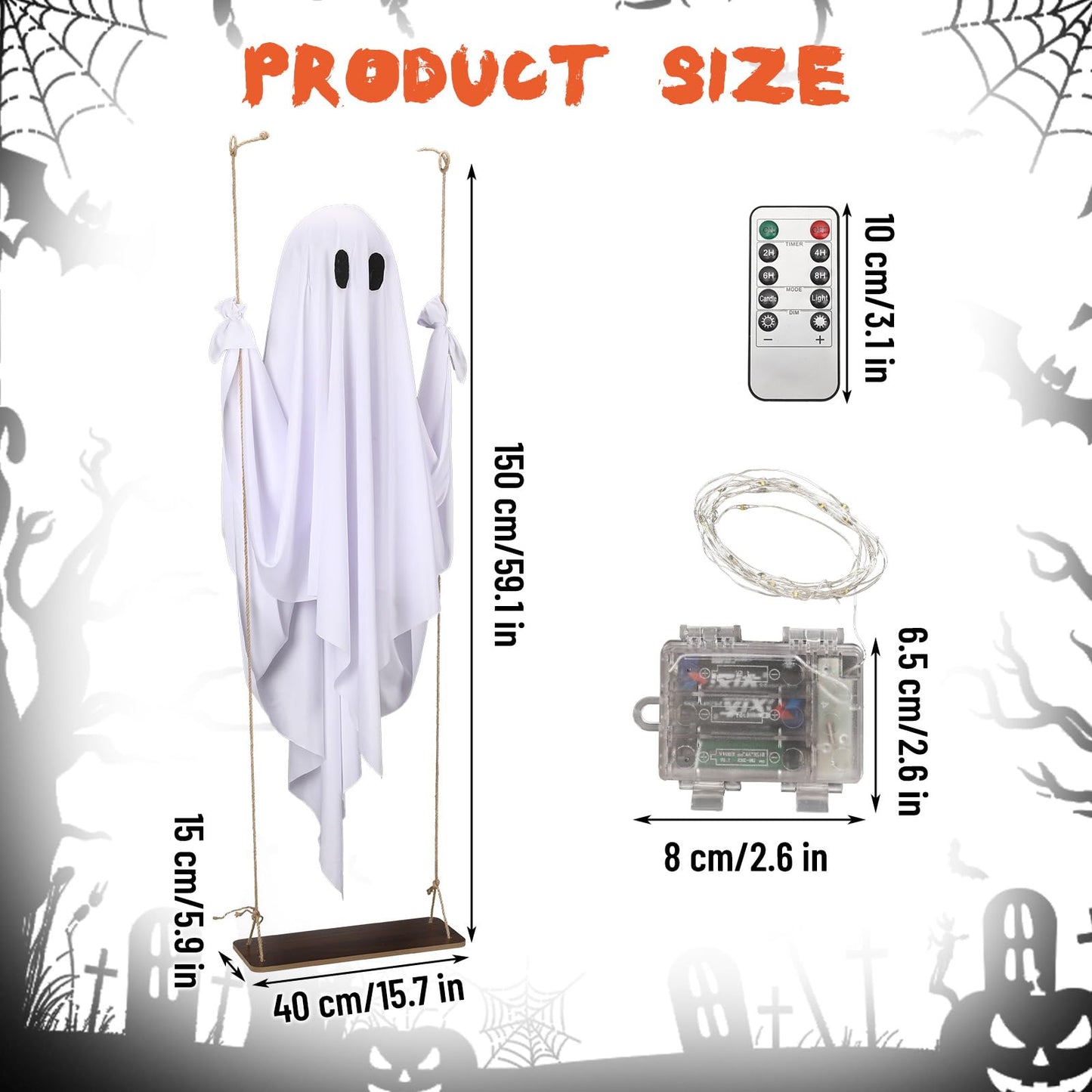 Yywsya Halloween Decorations Outdoor Large Hanging Swing Ghost with String Lights Remote Control Halloween Swinging Ghost Decor for Tree Porch Yard Garden Lawn