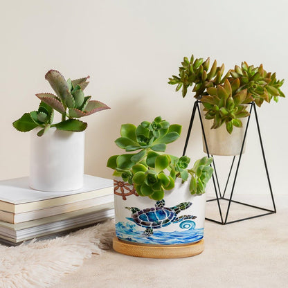 DreamAutumn Ocean Theme Sea Turtle Planter Ceramic Round Plant Pots with Drainage Holes and Bamboo Tray Planting Small Flower Pots for Home Windowsill Desk Garden Indoor Outdoor Use
