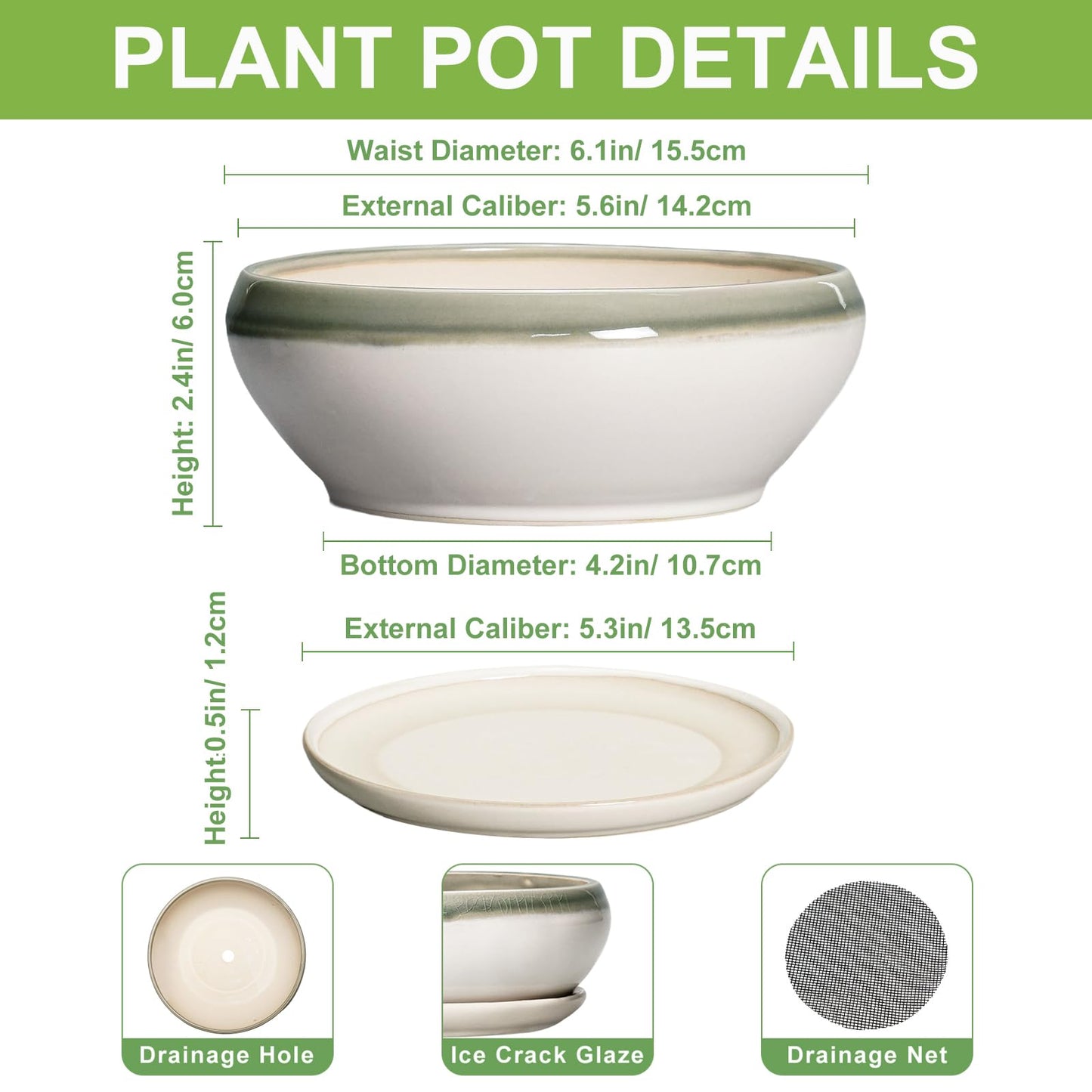 SQOWL Succulent Planters - 6 Inch Ceramic Bonsai Pots, Shallow Planter with Drainage Hole and Saucer, Round Planter for Indoor Outdoor, Cactus Succulent Pots, Desk Decor, Garden Gifts, Gray-Beige