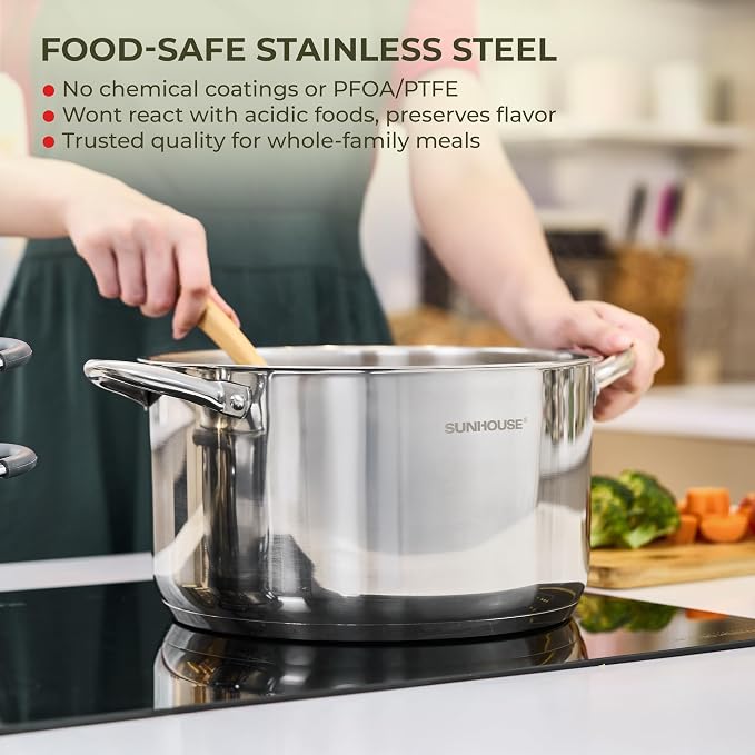 Sunhouse Stock Pot with Lid - 12 QT Large Pot for Cooking Pasta, Soup, Spaghetti - Impact Bonding Base Big Stainless Steel Pots for Canning, Boiling - Oven Safe & Induction Compatible Cookware