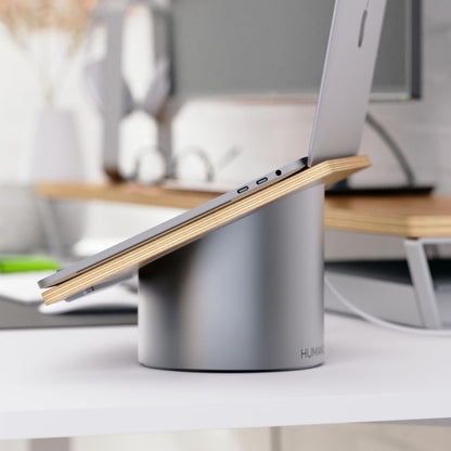 HumanCentric Laptop Riser for Desk in Black Walnut Wood Top and Space Gray Aluminum Base, Compatible with MacBook and Other Laptops Up to 16 Inches, Ergonomic Computer Holder, 25-Degree Angle Tilt