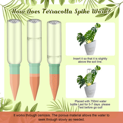 DoubleFill 8 Pcs Terracotta Plant Watering Spikes Self Watering Planter Insert Automatic Plants Waterer Devices 8 Colors Slow Release Stakes for Indoor Outdoor Vacation