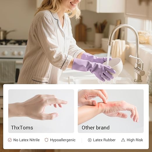 ThxToms 4 Pairs Nitrile Cleaning Gloves, Latex free Reusable Dishwashing Gloves for Women, Kitchen and Bathroom Cleaning, Non-Slip &Flexible, 10 Mil, Colorful,L