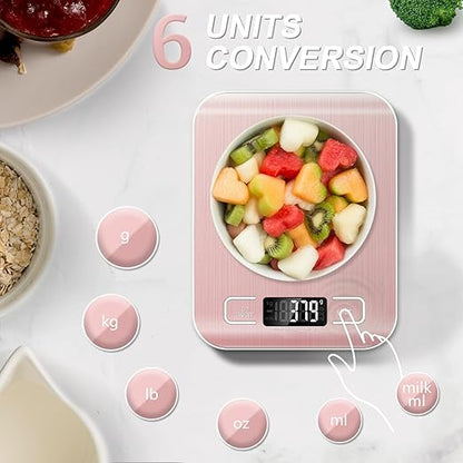 Food Scale, 11lb Kitchen Scale with 6 Units Tare Function & LCD Display, 0.05oz/1g Stainless Steel Digital Food Scale Grams and Ounces for Baking, Cooking, Dieting and Meal Prep (Pink)