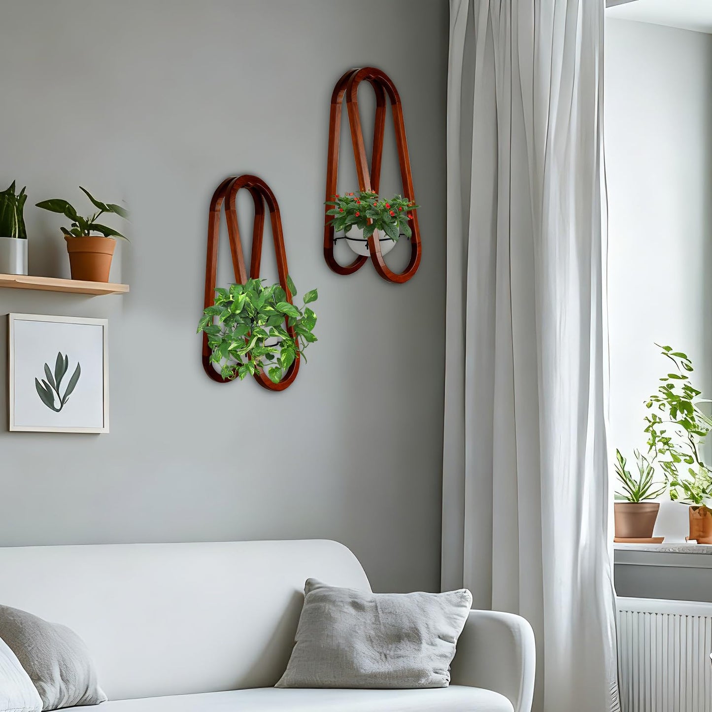 JOJOCY Wall-Mounted Modern Oval Wooden Vase 2PCS, Oval Hanging Plant Stand with Ceramic Pots for Indoor Living Room Bedroom Decor (Walnut Wood)
