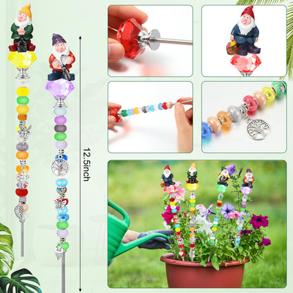 Lineshading 95 Pcs Gnome Garden Stakes Fairy Wand Garden DIY Beaded Stakes Decor 4 Crystal Stopper Top 4 Gnome 64 Large Hole Beads 15 Silver Pendants 4 Threaded Rods 4 Pcs Nuts, for Craft Supply