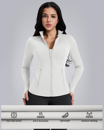 AVGO Womens Workout Jackets Lightweight Athletic Zip Up Jacket Slim Fit Running Gym Top with Pockets & Thumb Holes(White, L)