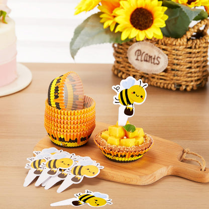 Vesici 200 Counts Cupcake Liners and 200 Counts Cupcake Toppers Round Baking Cups Greaseproof Muffin Liners for Christmas Holiday Birthday Theme Party Supplies(Bee)