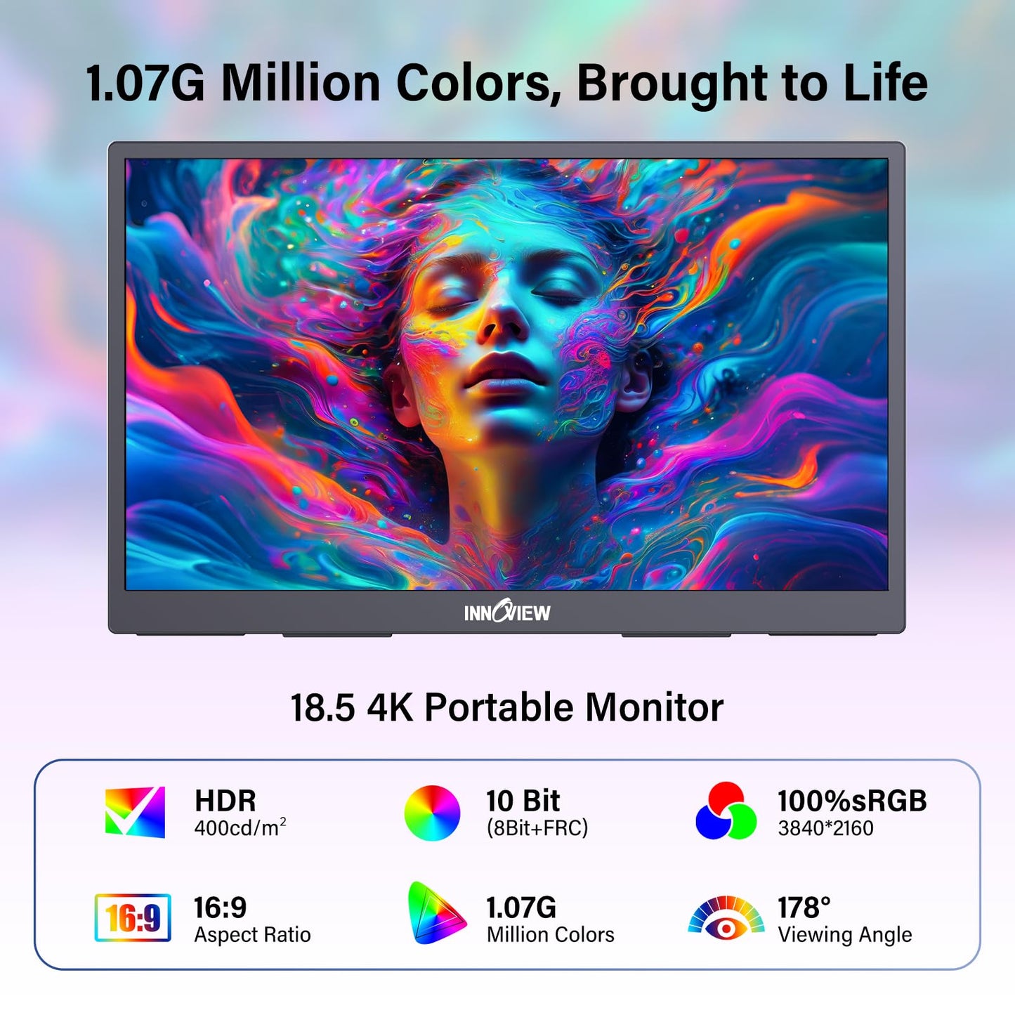 InnoView 4K Portable Monitor 18.5" 3840x2160 UHD USB-C HDMI for Laptop, 400 nits IPS Computer Gaming Display HDR Travel Monitor with W/180°Adjustable Stand for Desktop Mac Phones Tablet PS5/4 Switch