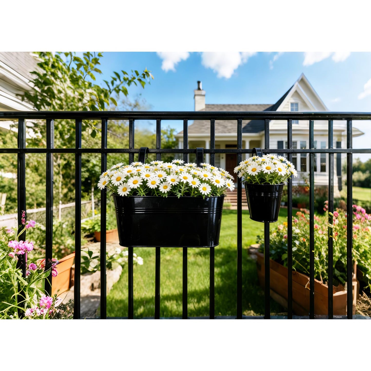 Joyfernal Set of 4 Outdoor Metal Railing Planters Box - 2 Pcs 5.12" Round Balcony Hanging Planter & 2 Pcs 17" Oval Fence Pot with Detachable Hooks Drainage, Black