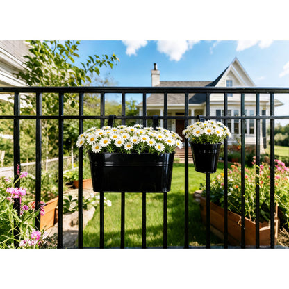 Joyfernal Set of 4 Outdoor Metal Railing Planters Box - 2 Pcs 5.12" Round Balcony Hanging Planter & 2 Pcs 17" Oval Fence Pot with Detachable Hooks Drainage, Black