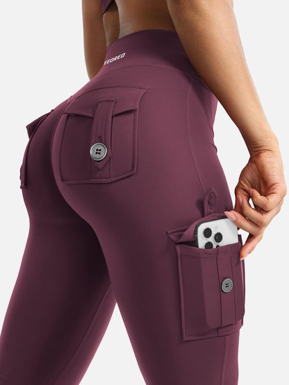 YEOREO CoreFlex Women Workout Flare Leggings with Pockets Scrunch Cargo Gym Yoga Leggings Black Cherry S