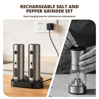 Electric Salt and Pepper Grinder Set with Charging Base, Rechargeable, 6 Coarseness Levels, 2 Speeds, LED Light, One-Touch Operation, Arthritis Friendly, Rust-Free Ceramic Core, Dust Caps, 2 Grinders
