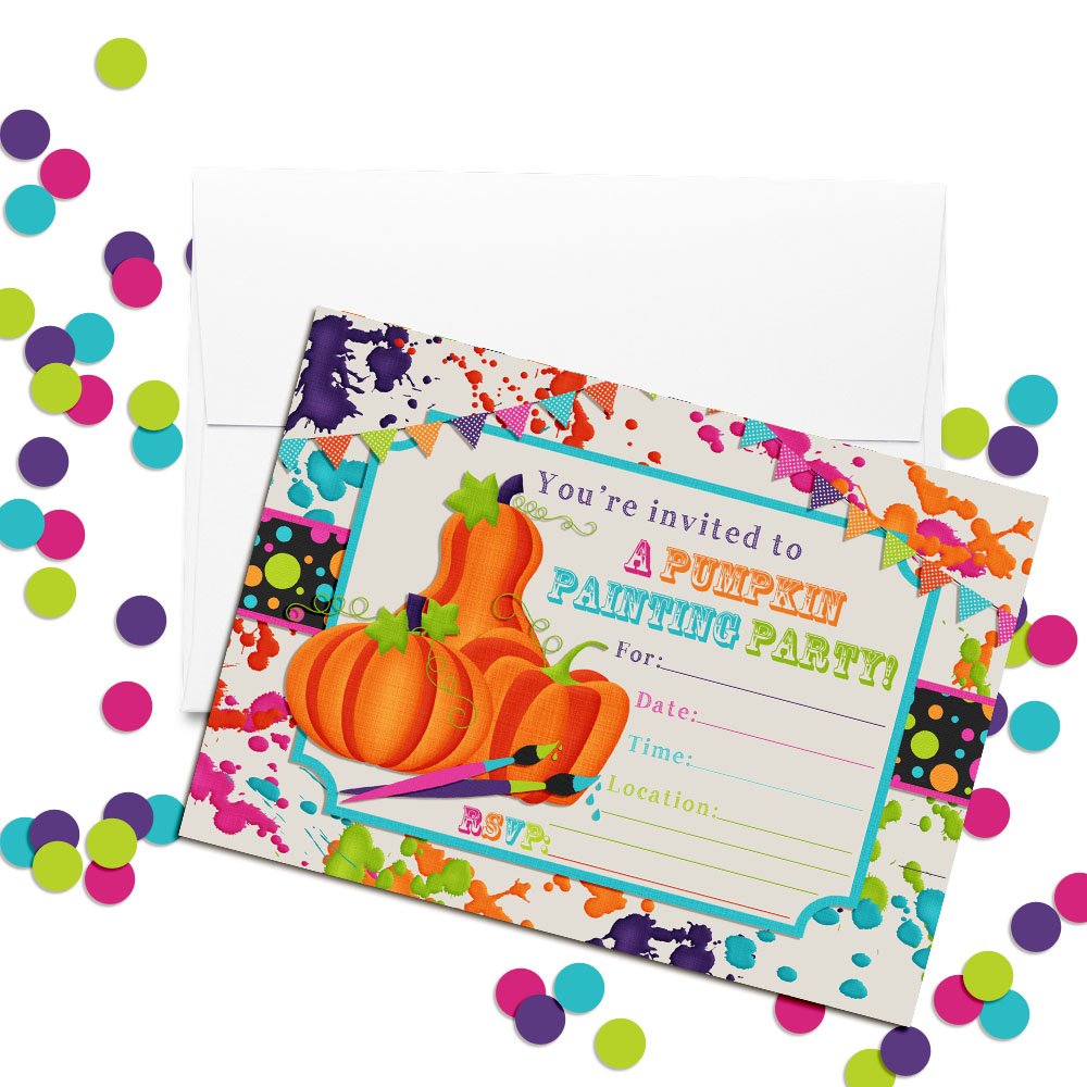 Pumpkin Painting Halloween Birthday Party Invitations, 20 5x7 Fill In Cards with Twenty White Envelopes by AmandaCreation