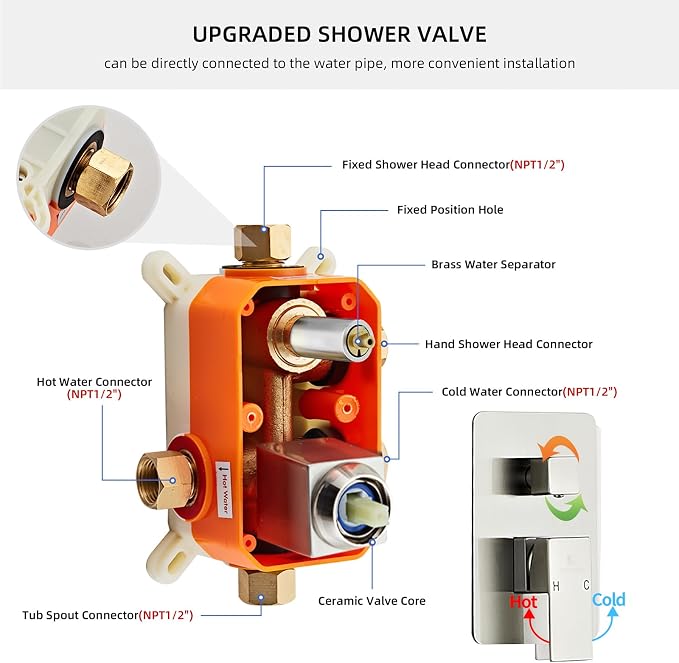 Brushed Nickel Rainfall Shower Faucet Set with Tub Spout 10 Inch, Shower Head and Handle with 2 Hooks, Rain Shower and Handheld Shower System Square Wall Mount for Bathroom