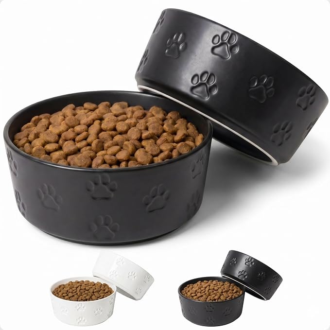 Ceramic Dog Bowl Set of 2 with Anti-Skid Base - 7.5" Wide x 3" Tall Ceramic Dog Bowls for Large Dogs - 6 Cup Capacity Food and Water Bowls for Dogs - Rubber Bottom Pet Bowl Set of 2 for Large Pets