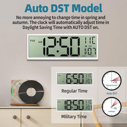 15" Large Digital Wall Clock Battery Operated Black, Clock with Large Display Numbers, Calendar, Auto DST, Clocks for Living Room, Kitchen, Office, Bedroom
