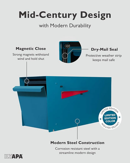 Ilyapa Modern Mailbox for Outside Post Mount - Blue Powder Coated Metal Mailbox, Waterproof Letter Box for Parcels, Recessed Magnetic Close Door