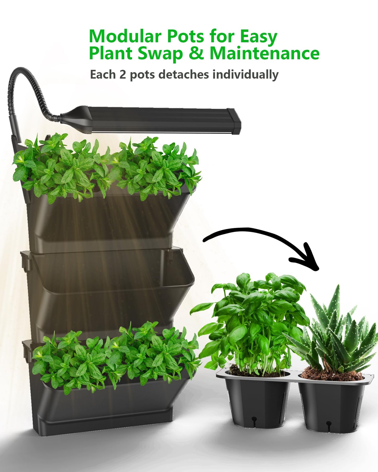 DPROOTS Wall Planters for Indoor Plants with Grow Light & Self Watering System, 6-Pot Vertical Garden for Herbs, Vegetables, Flowers, Succulents, Includes Screws & Expansion Pipes