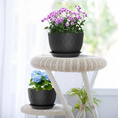 Meowell 12/10/9 inch Large Plant Pots, 3 Pack Wide Flower Pots for Outdoor Indoor Plants with Water Ripples, Big Plastic Planters with Drainage Holes and Saucers for Garden House Plants, Black