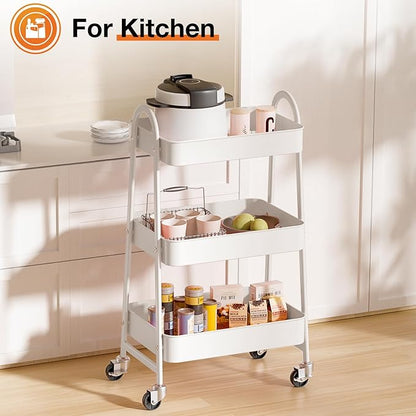 NEWBULIG 3-Tier Metal Rolling Cart with Lockable Wheels, Heavy Duty Mobile Utility Storage Shelf, Roller Book Snack Cart, Organization for Livingroom, Bathroom, Office, White