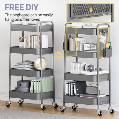 TOOLF 4 Tier Rolling Cart with Pegboard, Metal Storage Organizer Cart with Wheels, Hooks & Bins Esthetician Craft Art Sturdy Storage for Bathroom, Kitchen, Office, Nursery Diaper