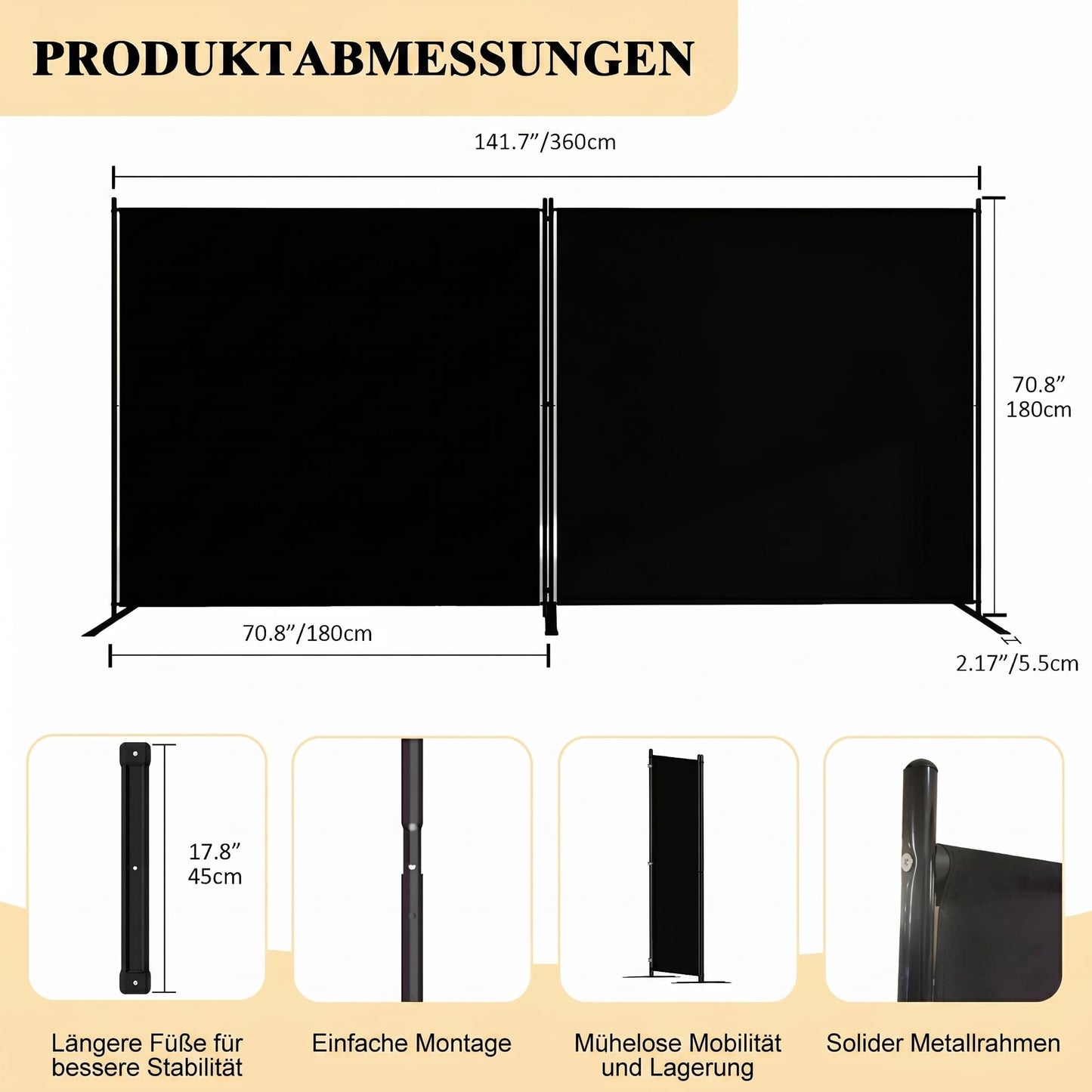 T&Jero 2-Panel Folding Room Divider, 6ft Tall Portable Privacy Screen Wall for Home and Office, Modern Freestanding Partition Separator for Bedroom, Studio, 142" Wide x 71" High, Black