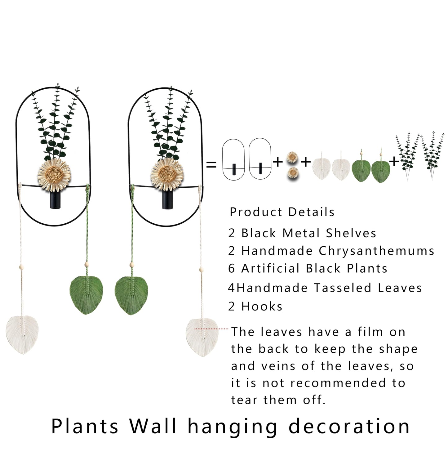 Black Wall Mounted Metal Planter, 2 Piece Set, Large Wall Hanging Vase with Faux Plants, Plant Wall Decor for Living Room, Bedroom, Bathroom, Dining Room