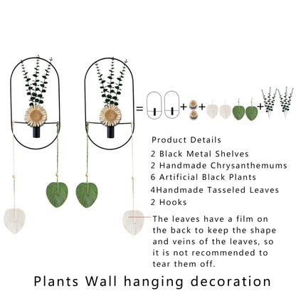 Black Wall Mounted Metal Planter, 2 Piece Set, Large Wall Hanging Vase with Faux Plants, Plant Wall Decor for Living Room, Bedroom, Bathroom, Dining Room