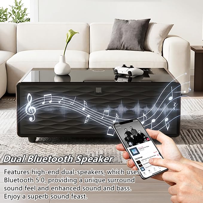 Smart Coffee Table with Fridge and Bluetooth Speakers, Smart Refrigerator Table with 15W Wireless Charger, Touch Control Panel, USB Port, Atmosphere Light and More, LT90 Pro-Brown