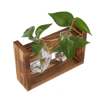 Heart Shaped Glass Hydroponic Vase with Retro Wooden Stand, Plant Propagation Stations with Wooden Stand, Desktop Plant Terrarium for Home Office Desk Decor (Retro Frame + 2 Heart Bottles)