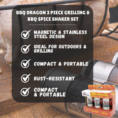 BBQ Dragon 3 Piece Salt and Pepper Shakers Set – Magnetic Stainless Steel Dispensers with Refillable Grinder – Adjustable Lids for Kitchen, Grill and Outdoor Cooking