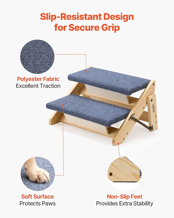VEVOR Wood Pet Stairs, 2-Step Dog Stairs for Beds, Sofa & Cars, 110lbs Load Capacity, Floded Flat Design, Stable & Sturdy Cat & Dog Step Ladder for Small Medium Large Older Pet Puppy Essentials