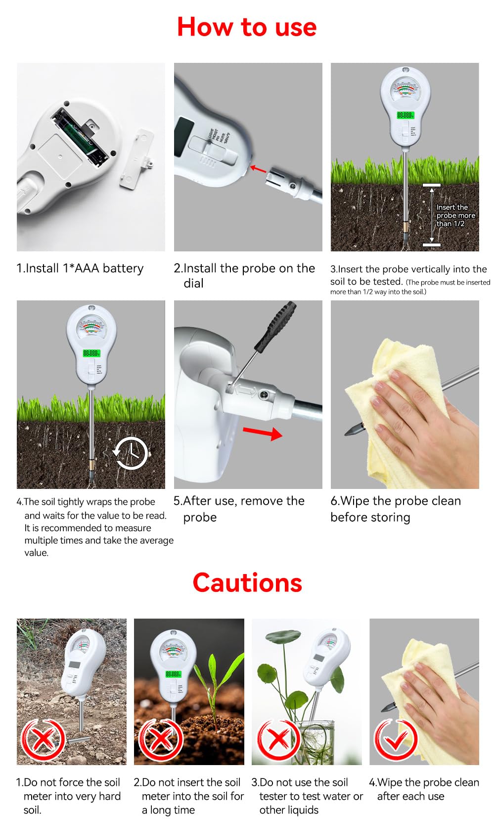 6-in-1 Soil Moisture Meter, PH Tester, Soil Moisture, Fertility, Sunshine Intensity, Temperature, Humidity, with Removable Probe for Gardens, Lawns, Farms (Including 1*AAA Batteries) (3)