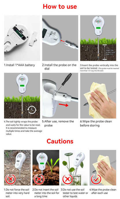 6-in-1 Soil Moisture Meter, PH Tester, Soil Moisture, Fertility, Sunshine Intensity, Temperature, Humidity, with Removable Probe for Gardens, Lawns, Farms (Including 1*AAA Batteries) (3)
